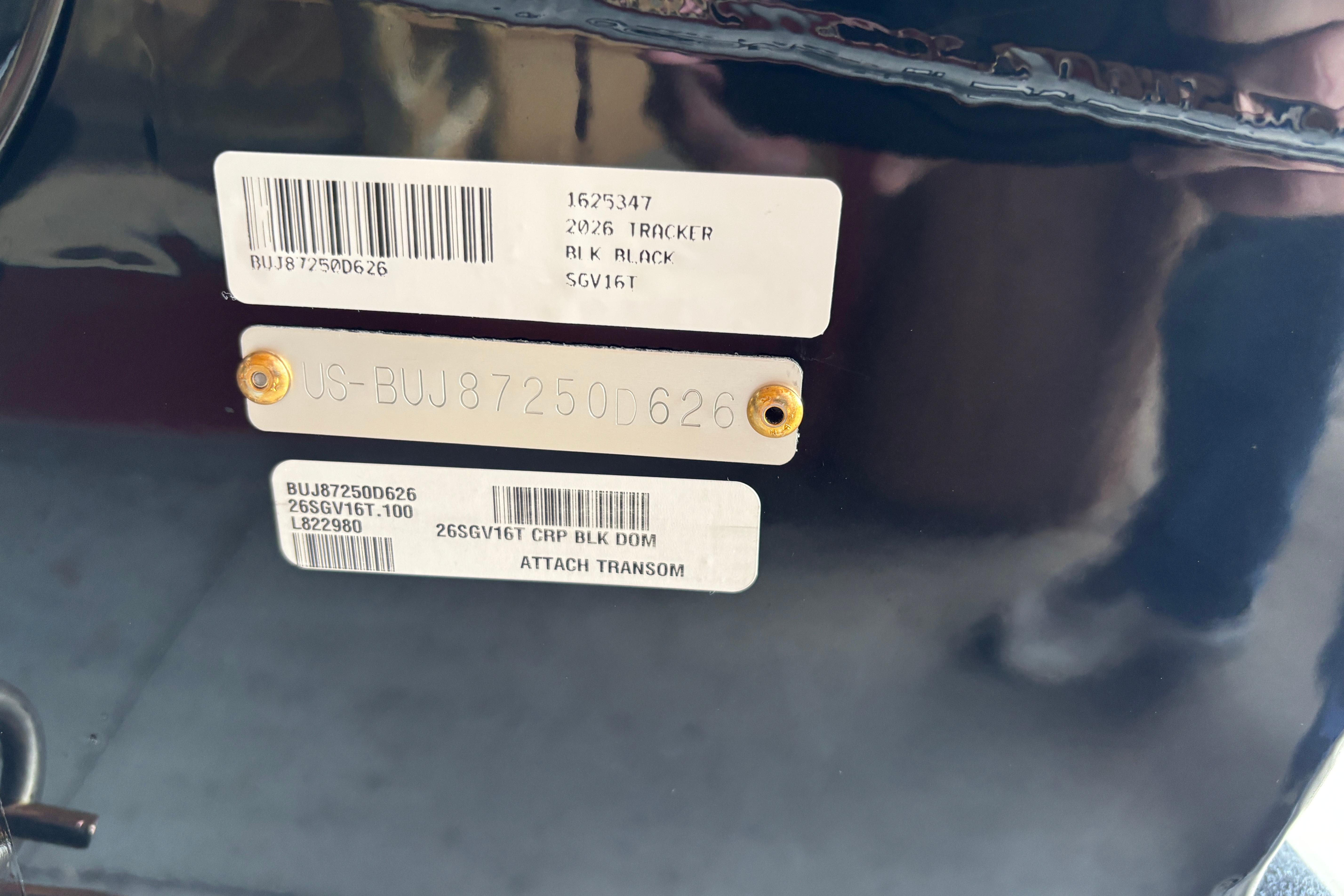 2026 Tracker Super Guide V-16 T boat identification labels and serial numbers.