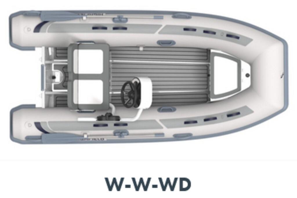Top view of 2025 Highfield CL360 inflatable boat with steering console.