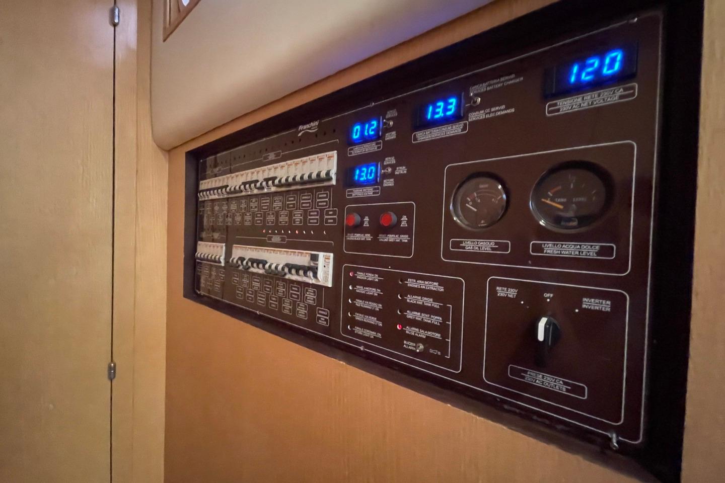 Electrical control panel on a 2007 Franchini 63 S yacht, displaying various gauges and switches.