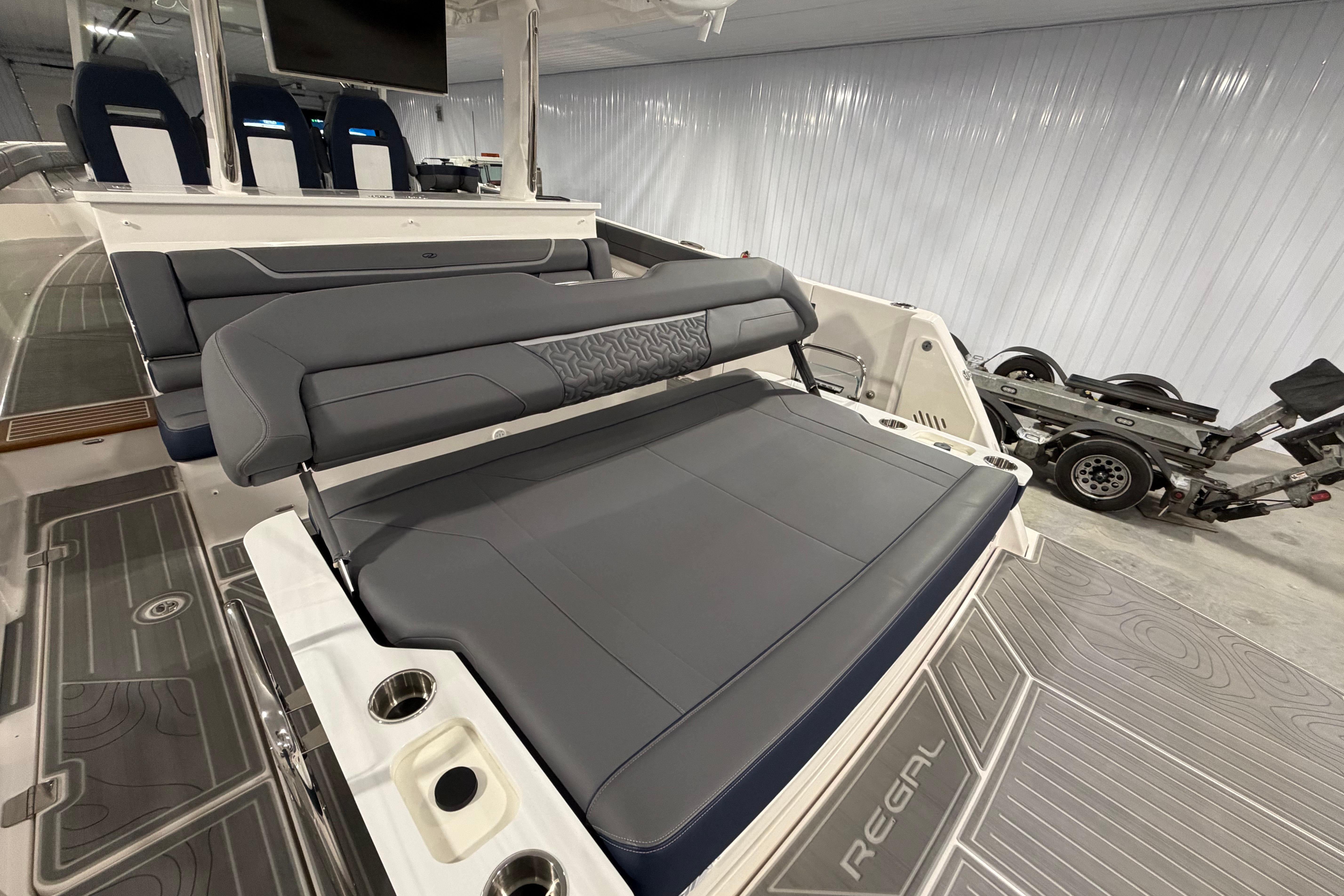 2027 Regal 38 Surf boat interior with luxurious seating and modern design.