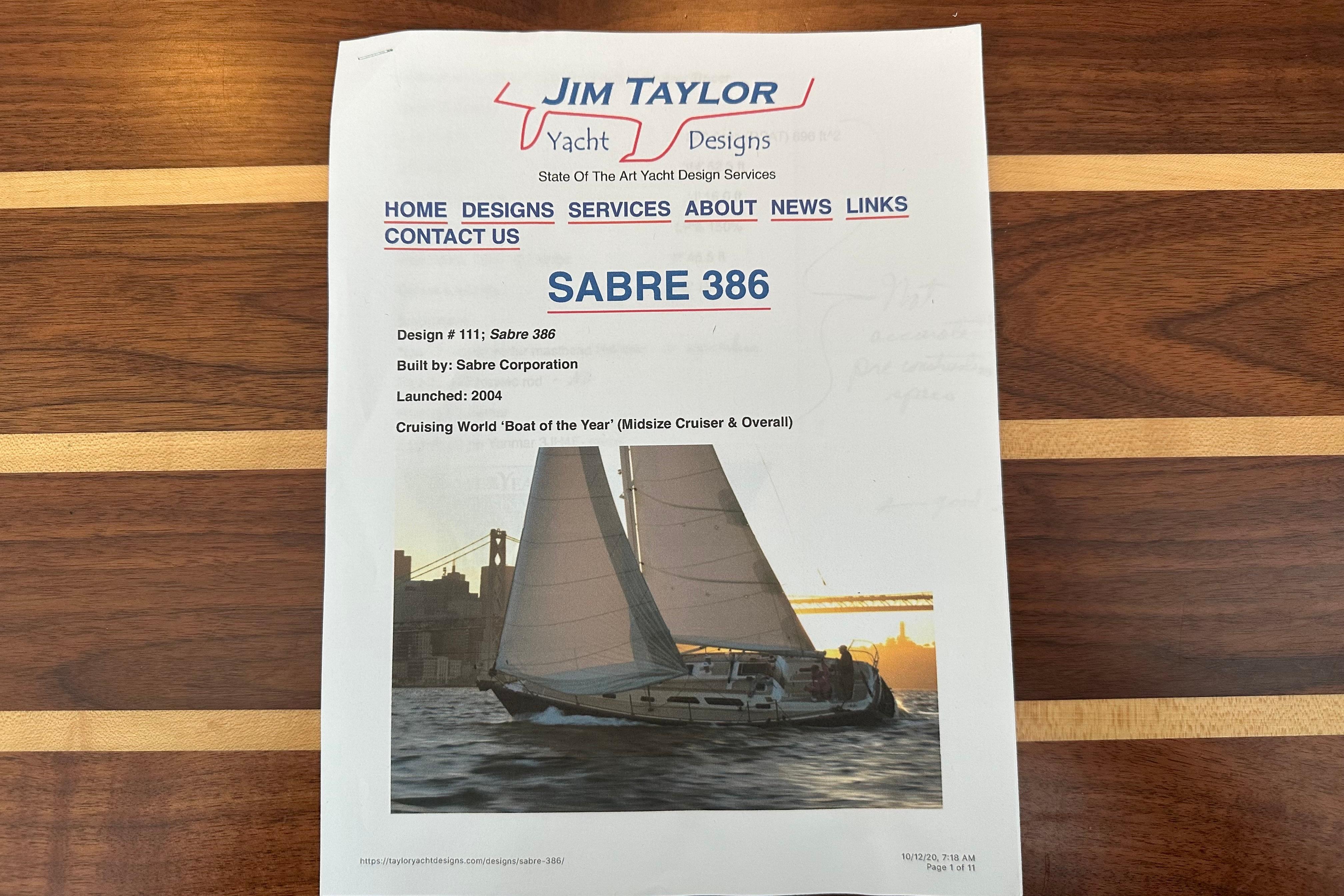 Brochure for Sabre 386 yacht by Jim Taylor Yacht Designs, featuring sailing image.