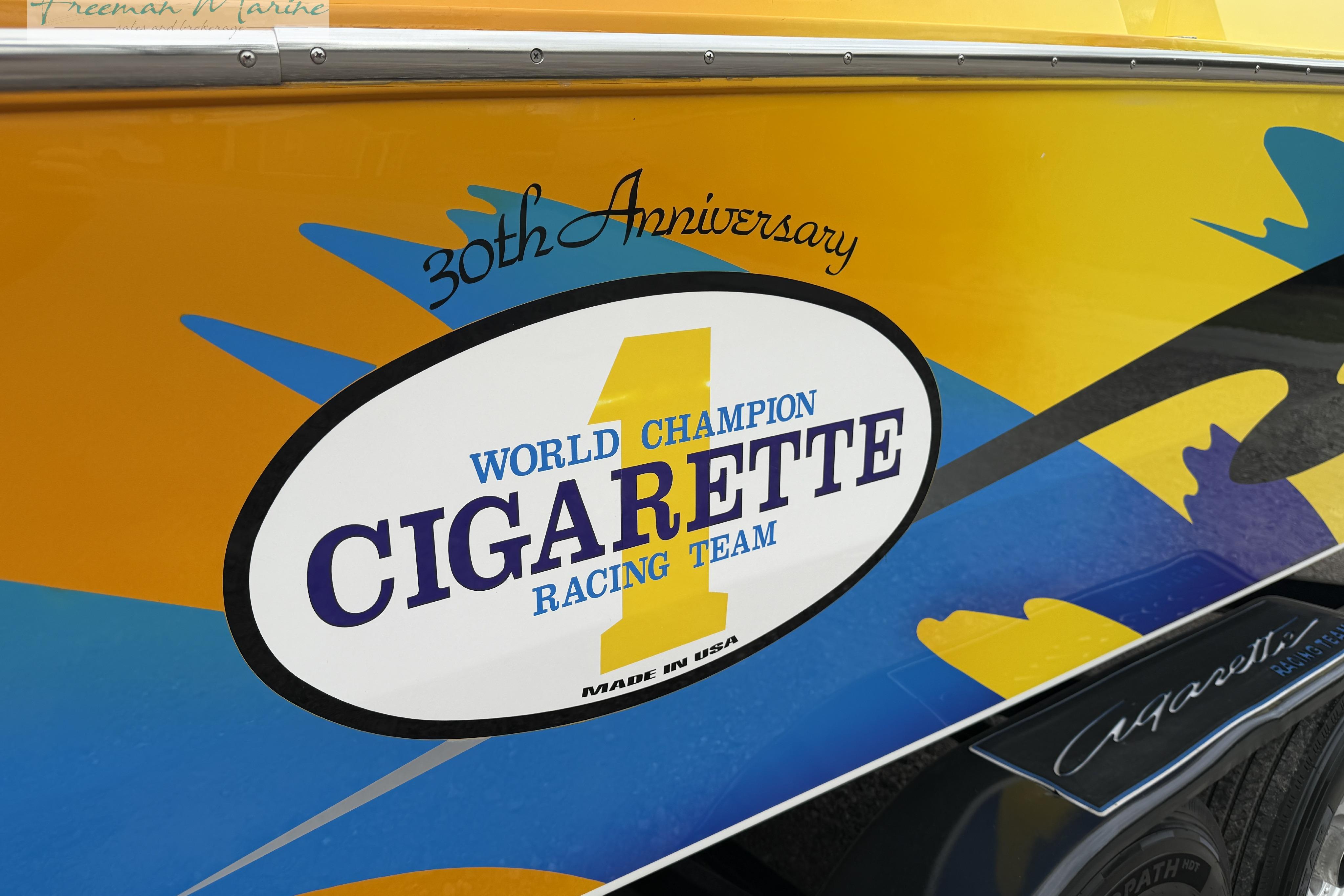 30th Anniversary Cigarette Racing Team logo on 2000 Cigarette 30' Mystique boat.
