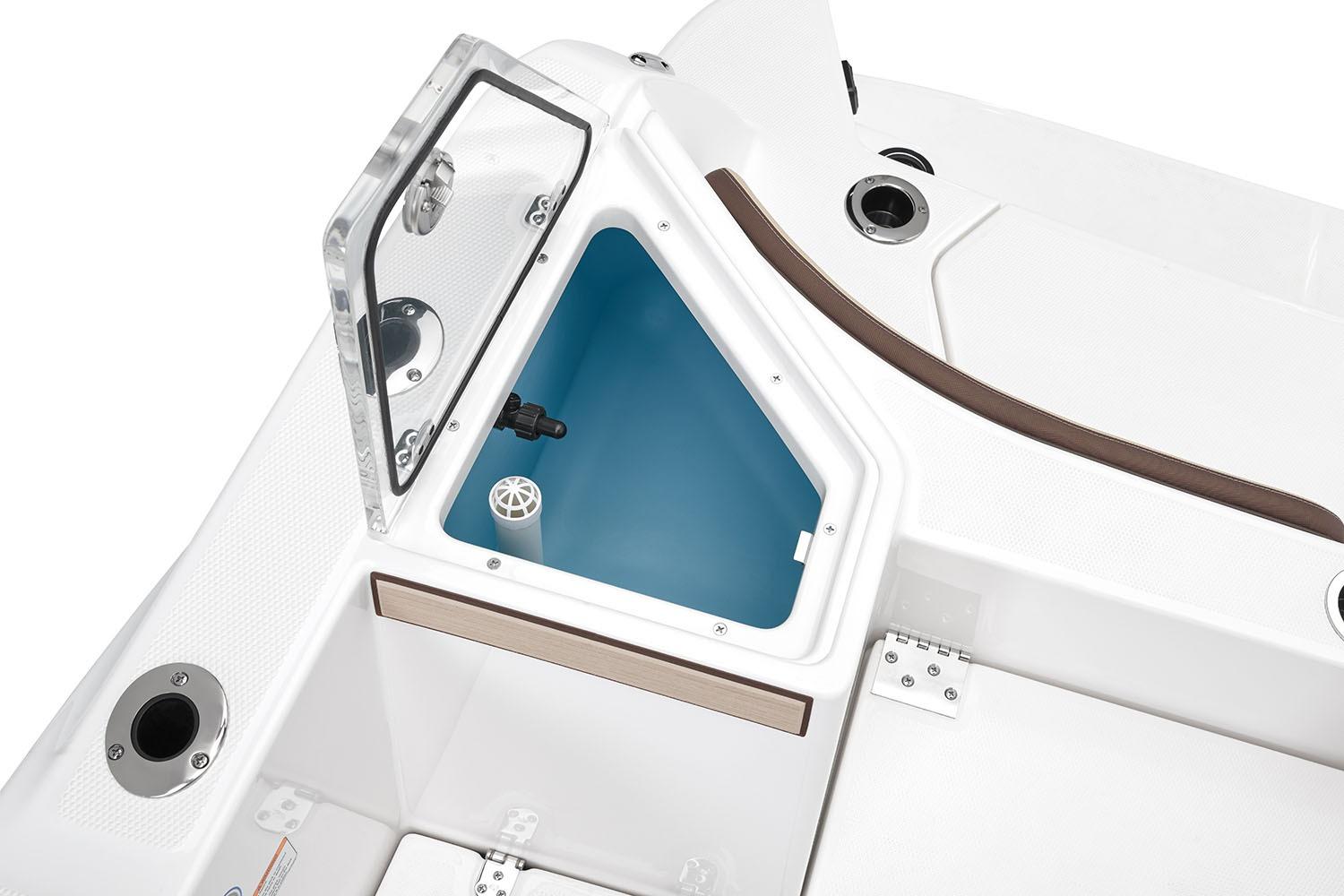 Manufacturer Provided Image: 2026 Yamaha Boats 222 FSH Sport E, open storage compartment detail.