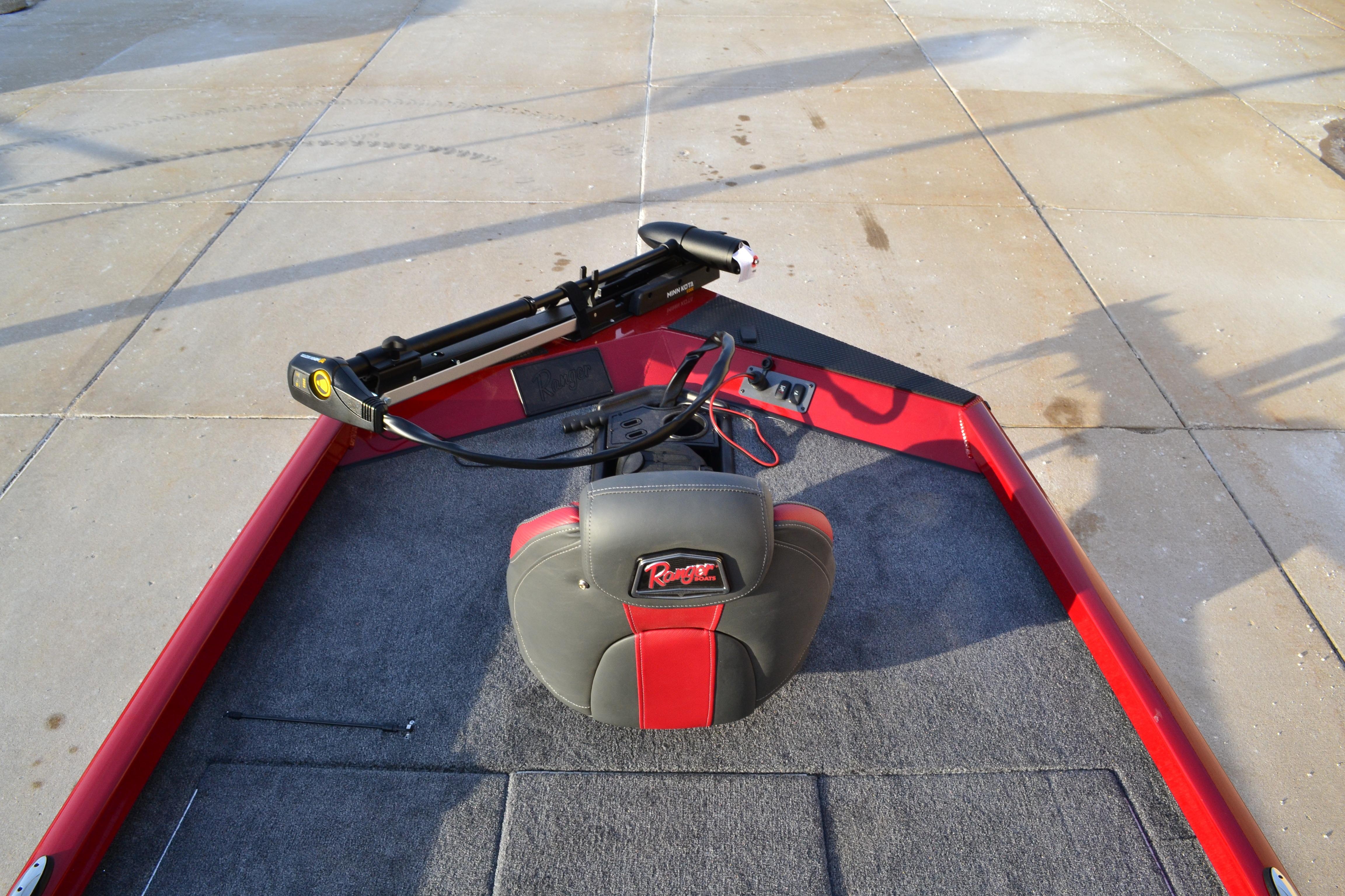 2026 Ranger RT188 boat interior with red accents and steering controls.