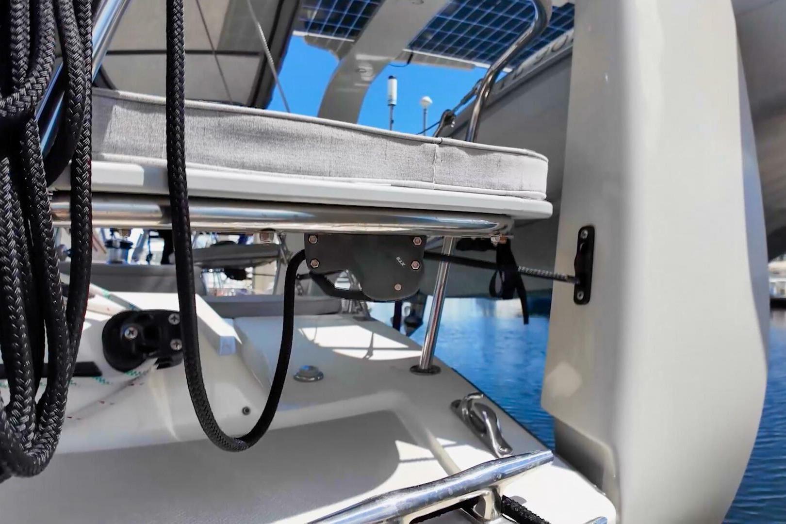 2023 Island Packet 439 yacht deck with ropes and solar panels.