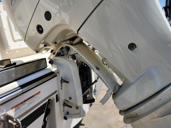 Close-up of a 2005 Pursuit 3070 Offshore Center Console boat engine mount.