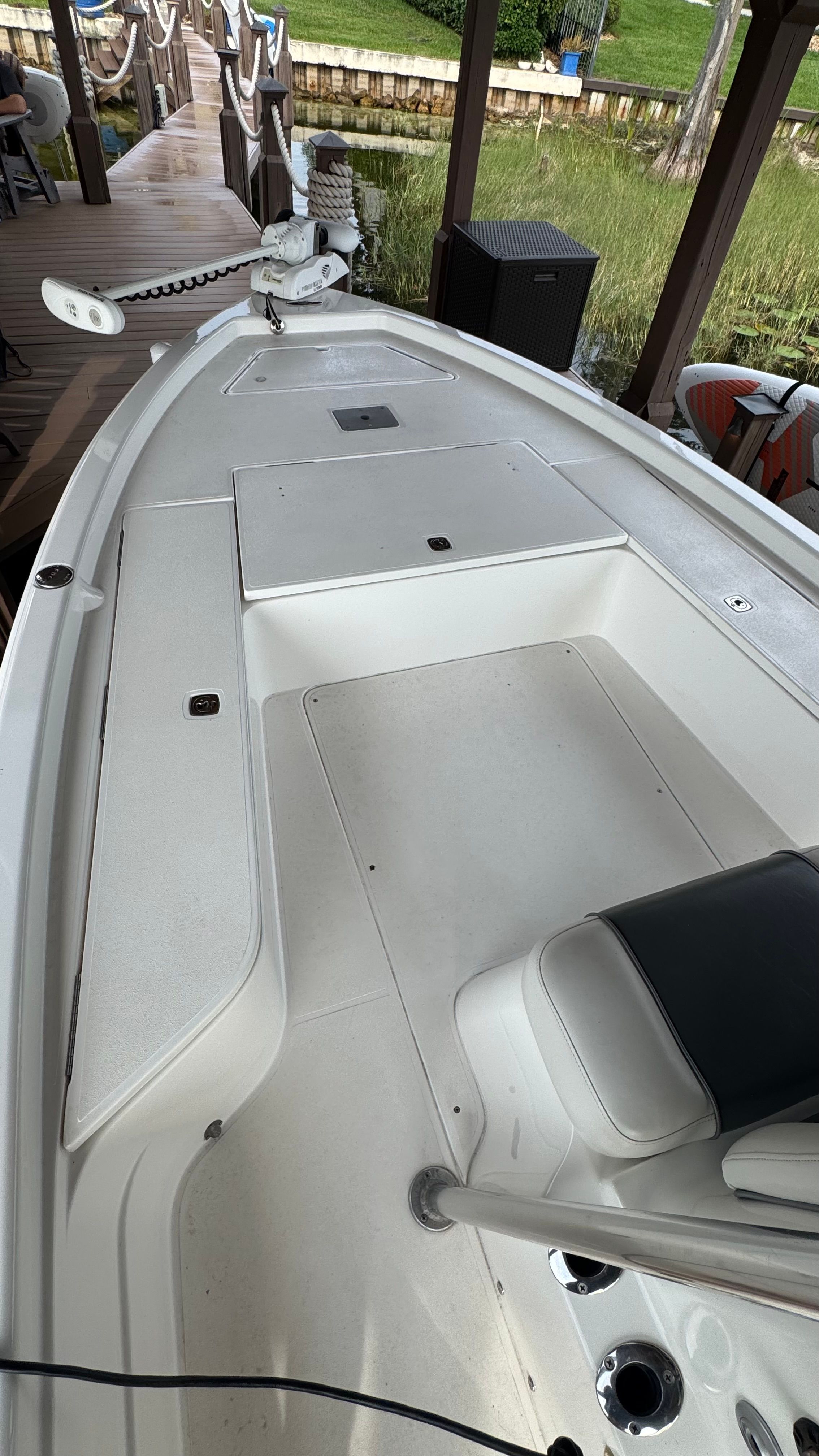 Interior view of a 2004 ShearWater LTZ boat at dock.