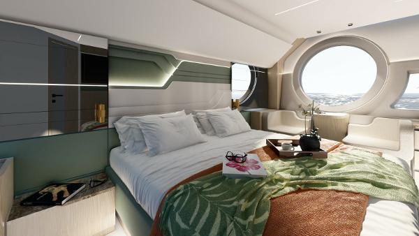 Luxurious bedroom interior of 2025 Aicon Vivere 68 yacht with modern design and ocean view.