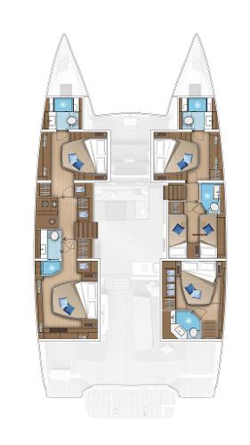 2025 Lagoon 55 catamaran layout with spacious cabins and modern amenities.