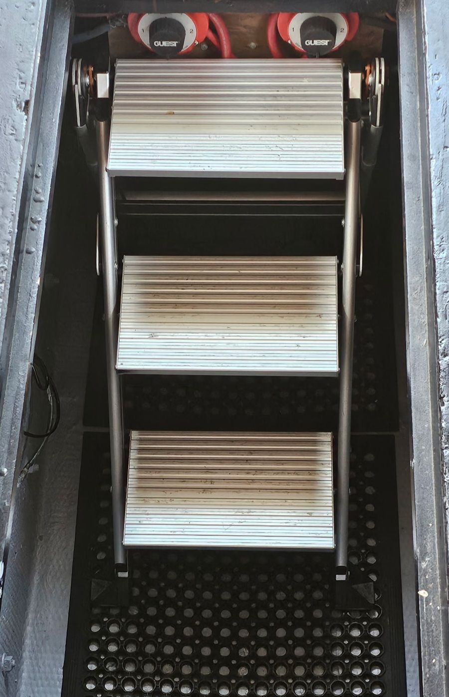 Staircase inside a 1976 Egg Harbor 33 Sportfisher.