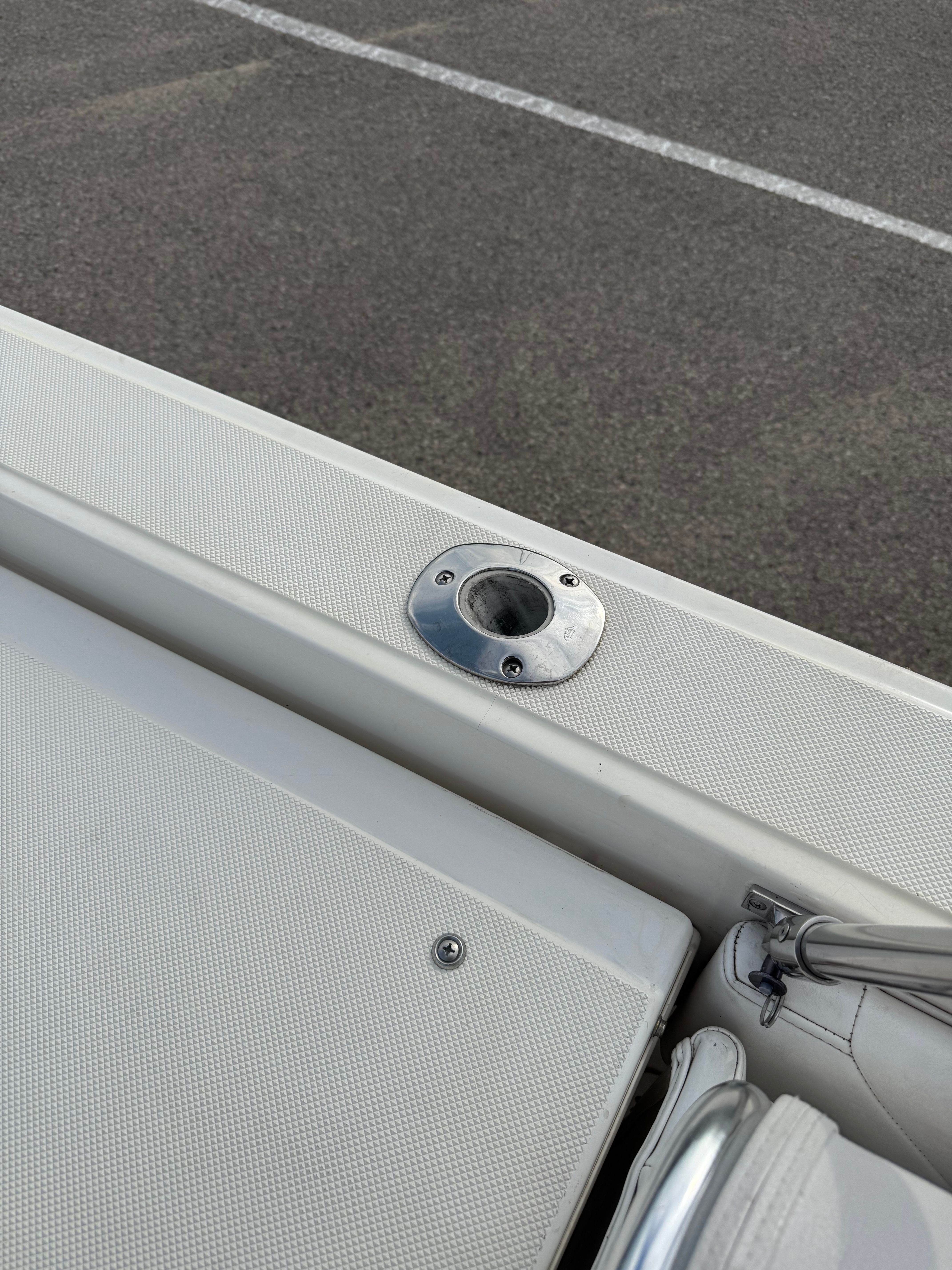 Close-up of a 1999 Fountain 32 Sport Fish Cruiser boat.