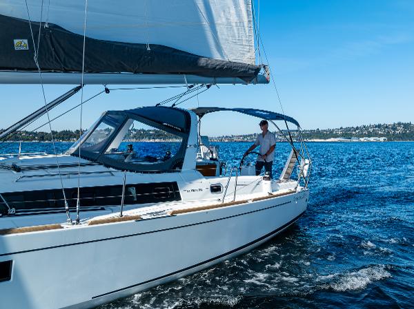 2021 Beneteau Oceanis 38.1 sailboat on the water.