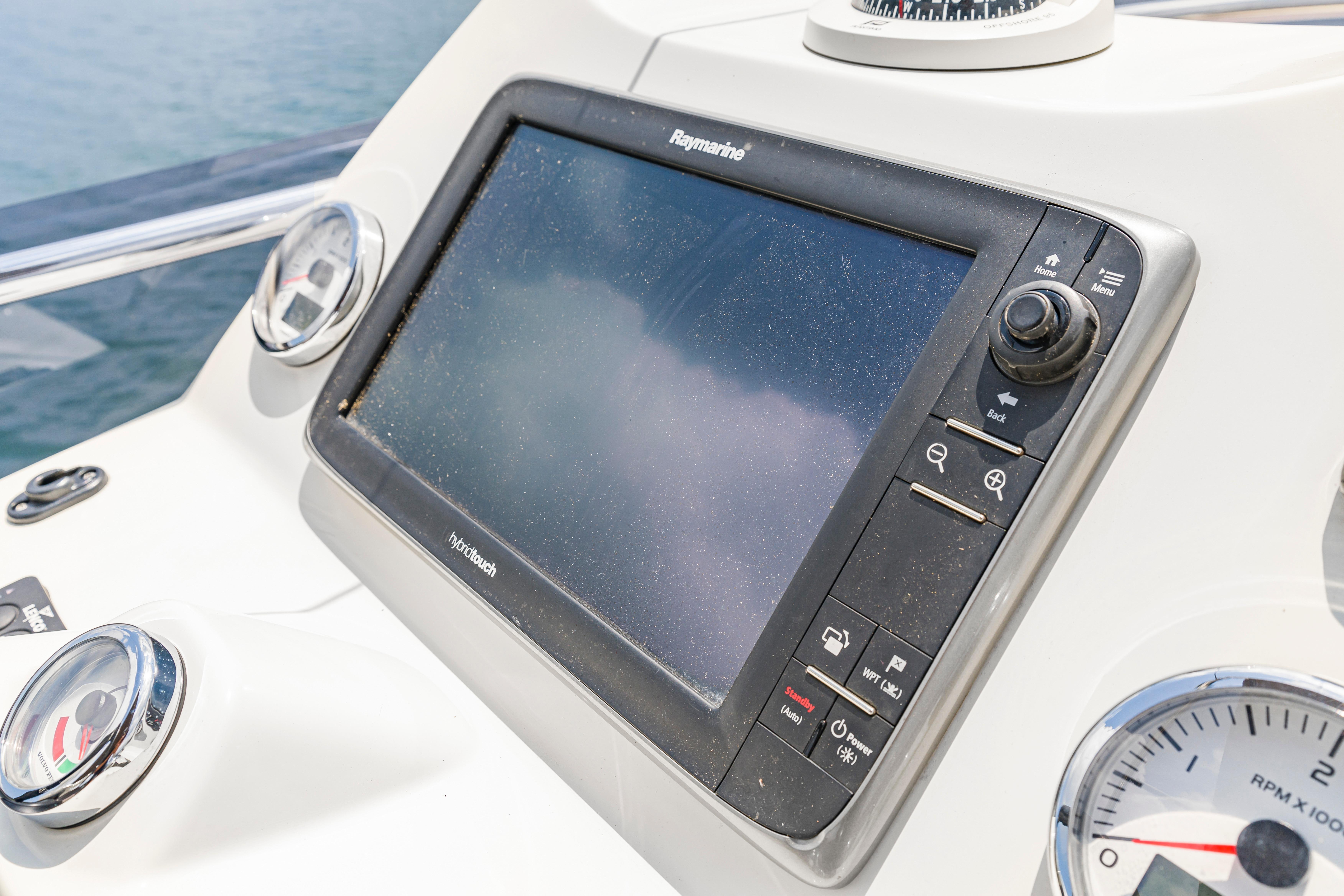 Control panel of a 2017 Prestige 500 yacht with navigation display.