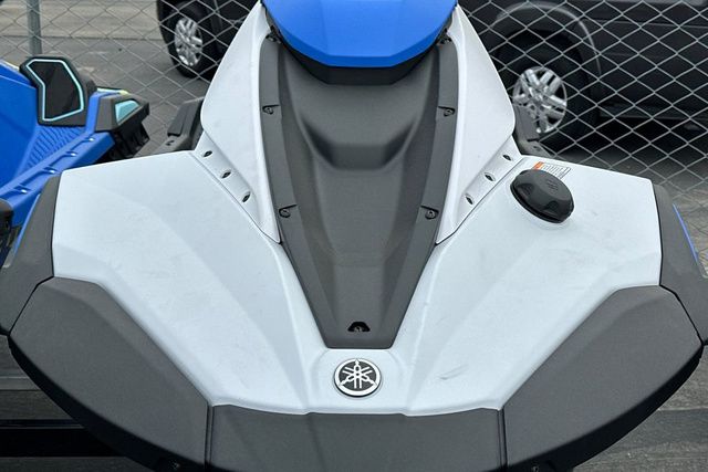 Close-up of a Yamaha WaveRunner JETBLASTER in black and blue, parked on a trailer.