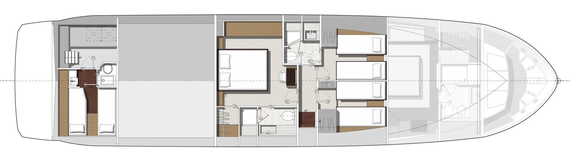 Prestige 750 yacht 2016 floor plan with bedrooms and bathrooms layout.