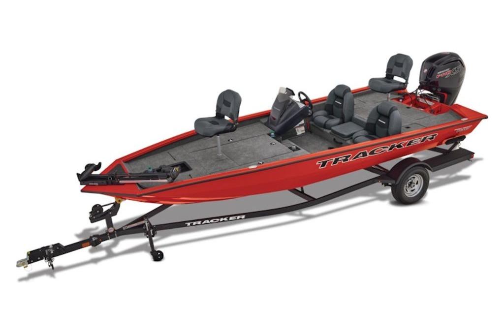 2026 Tracker Pro Team 190 fishing boat, red exterior, on trailer, with seating and motor.