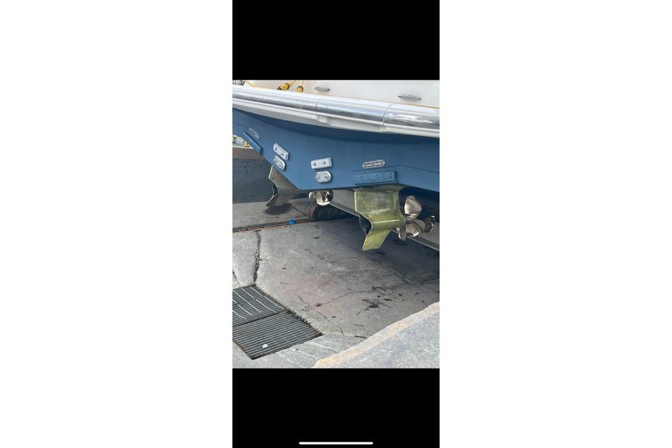 2008 Tiara Yachts 3900 Sovran boat hull and propeller detail in dry dock.