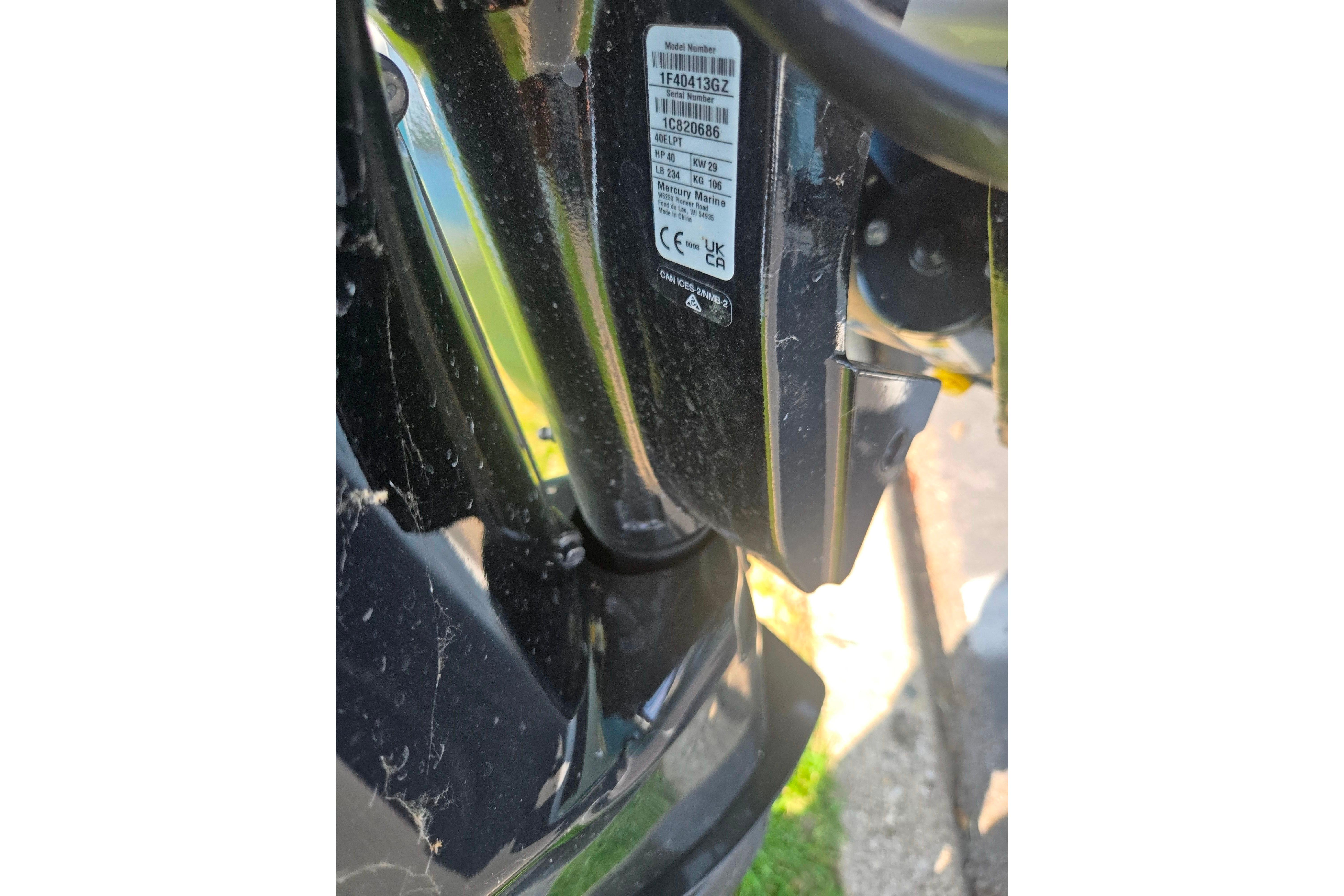 Close-up of a 2025 Boston Whaler 130 Super Sport engine label.