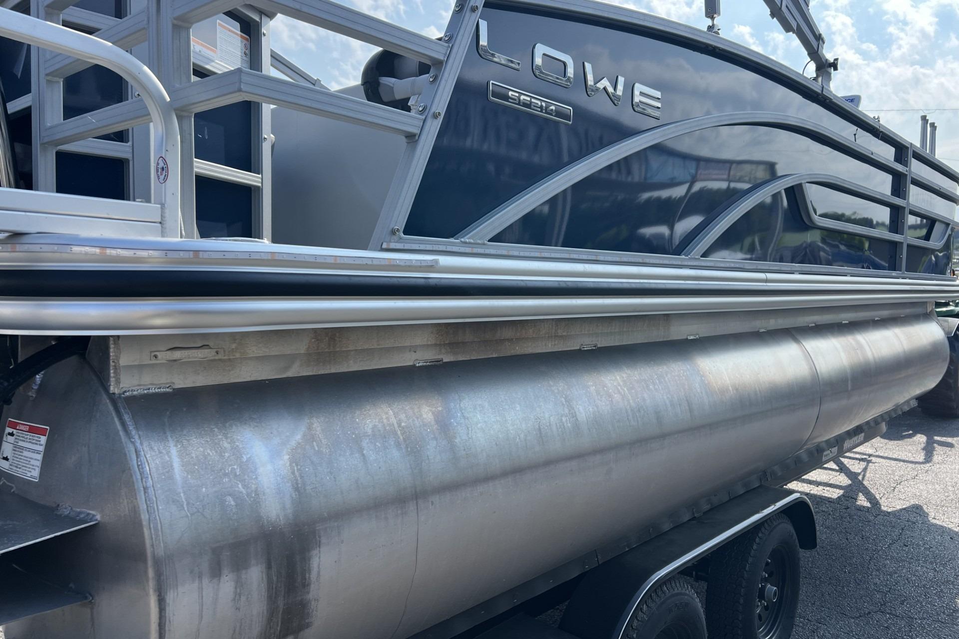 2024 Lowe SF 214 Sport Fish pontoon boat with sleek design and sturdy aluminum pontoons.