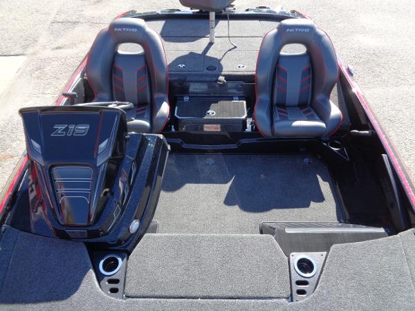 2024 Nitro Z19 Pro boat interior with dual seats and storage compartments.