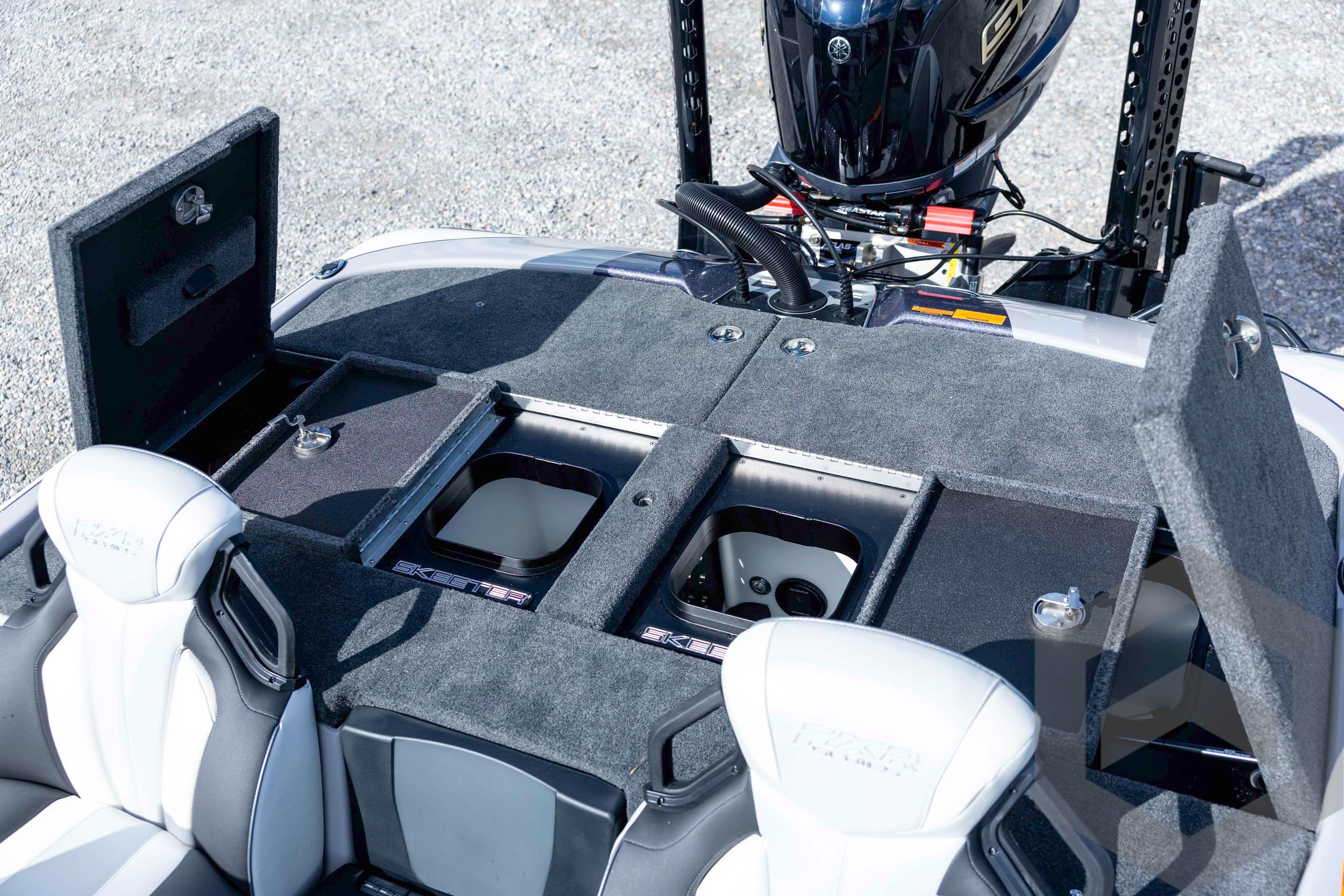 2026 Skeeter FXR20 FLEX boat interior with open storage compartments and seating.