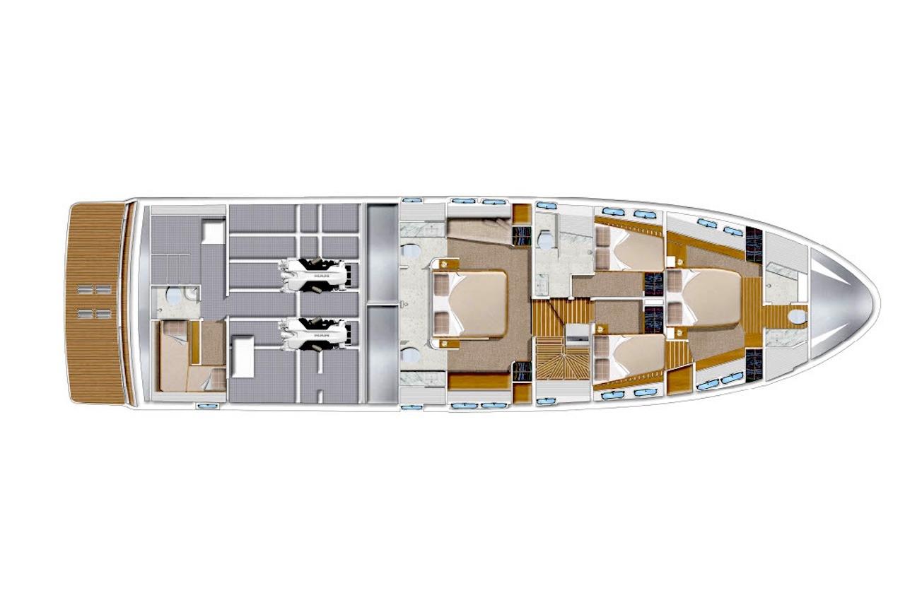 Floor plan of 2027 Offshore Yachts 70 CE, showcasing cabin and engine layout.
