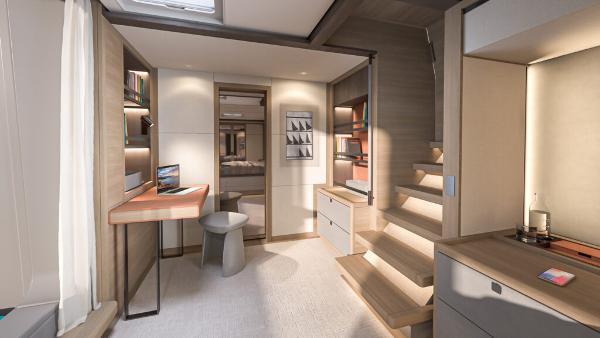 Luxurious interior of 2025 Lagoon 83 yacht, featuring modern design and elegant furnishings.
