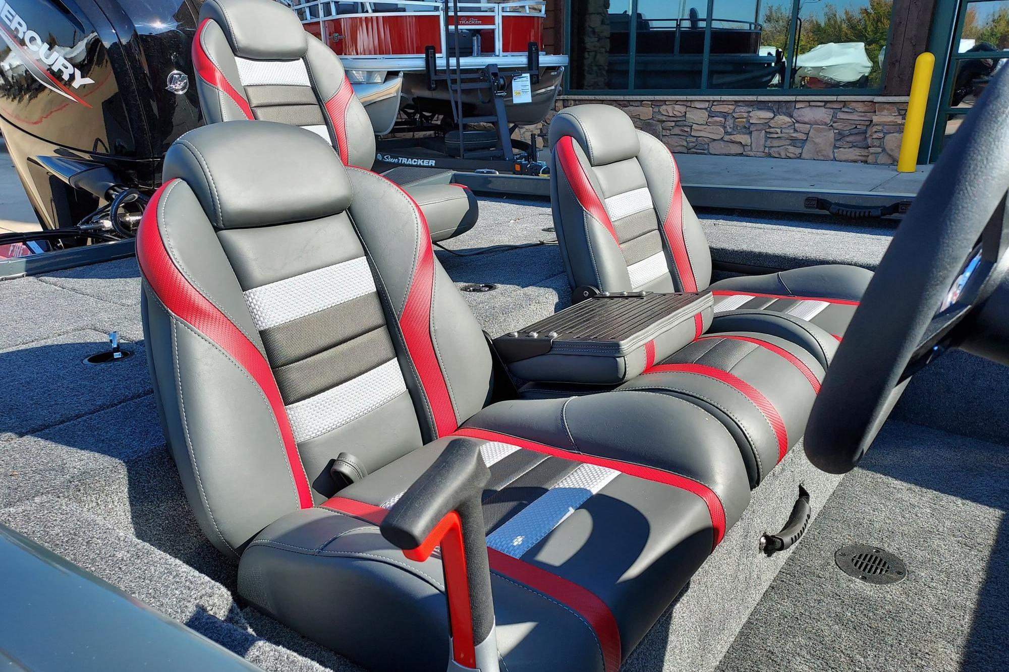2026 Ranger RT178C boat interior with stylish gray and red seating.
