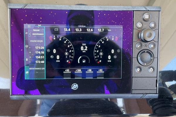Dashboard display of a 2020 Scout 420 LXF boat showing engine metrics and maintenance data.