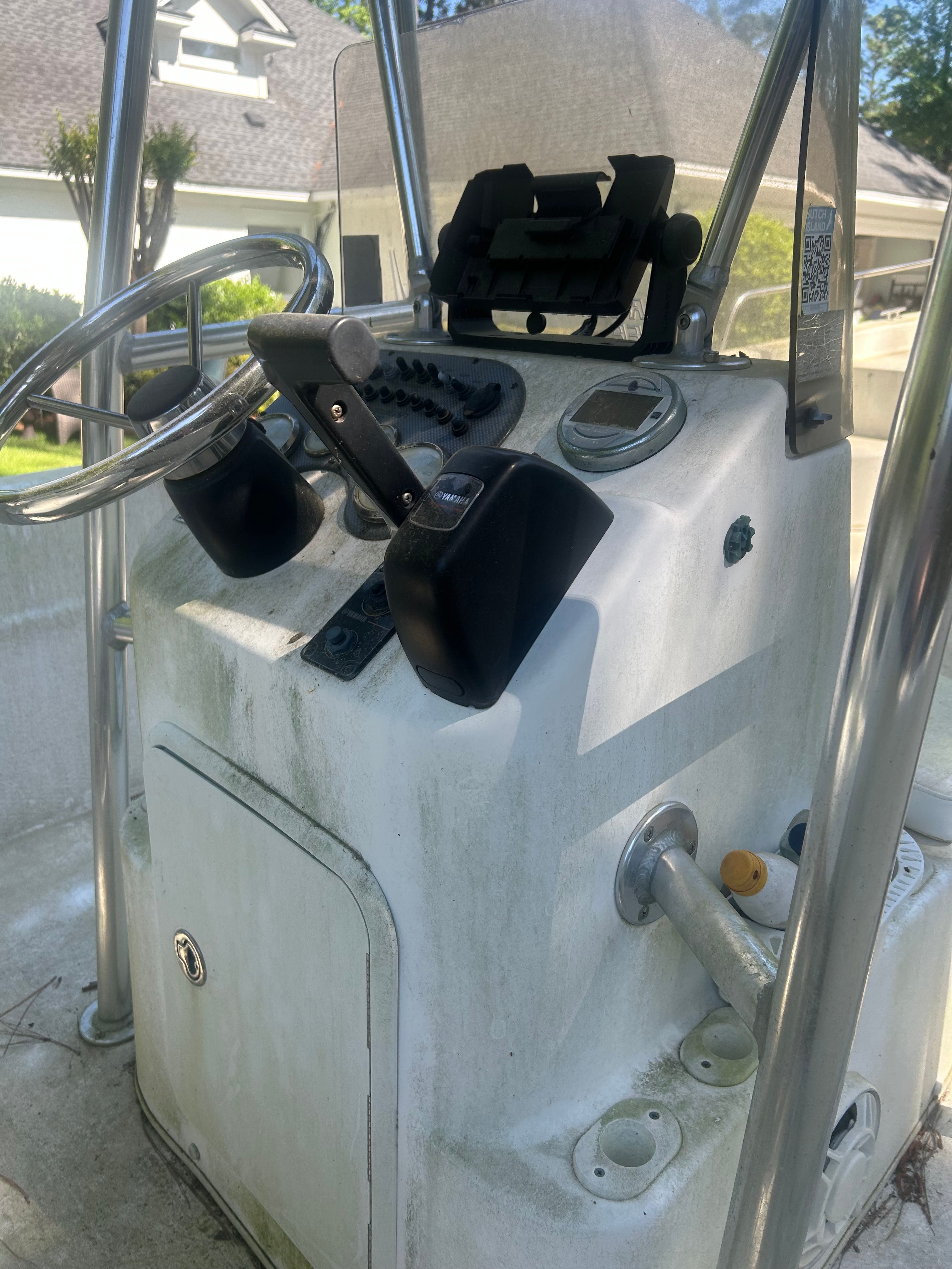 Steering console of a 2011 Carolina Skiff 258 DLV boat.