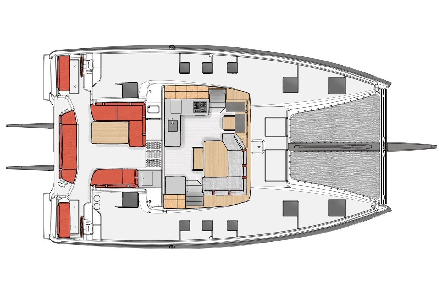 Manufacturer Provided Image: Floor plan of the 2026 Excess 13 catamaran, featuring spacious interior layout.