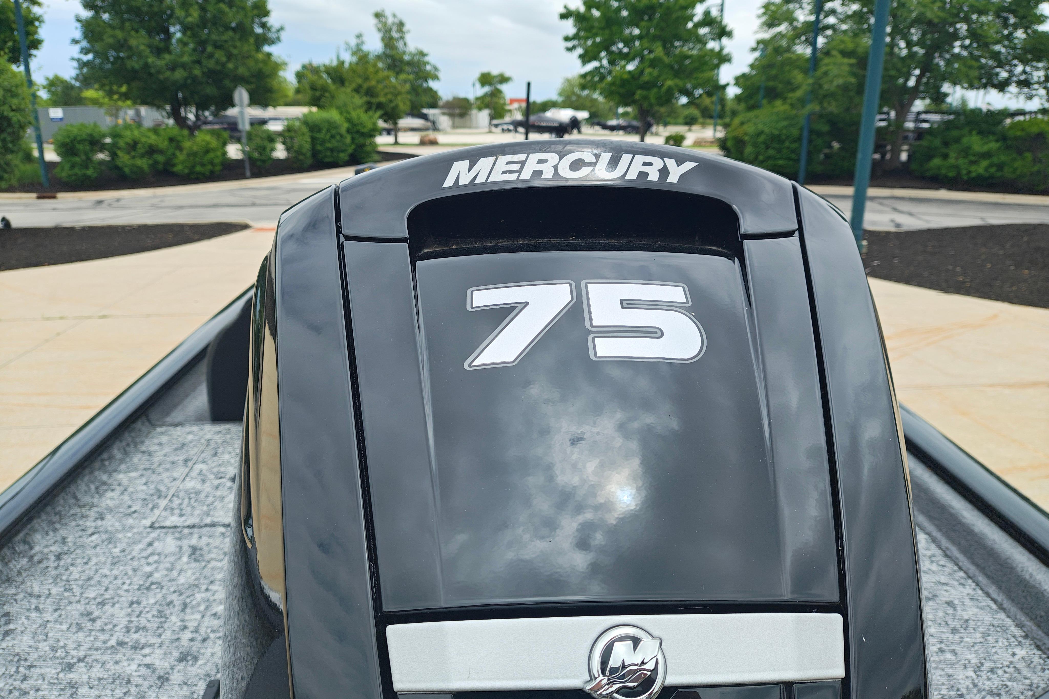 Mercury 75 engine on 2026 Tracker Pro Team 175 boat, outdoor setting.