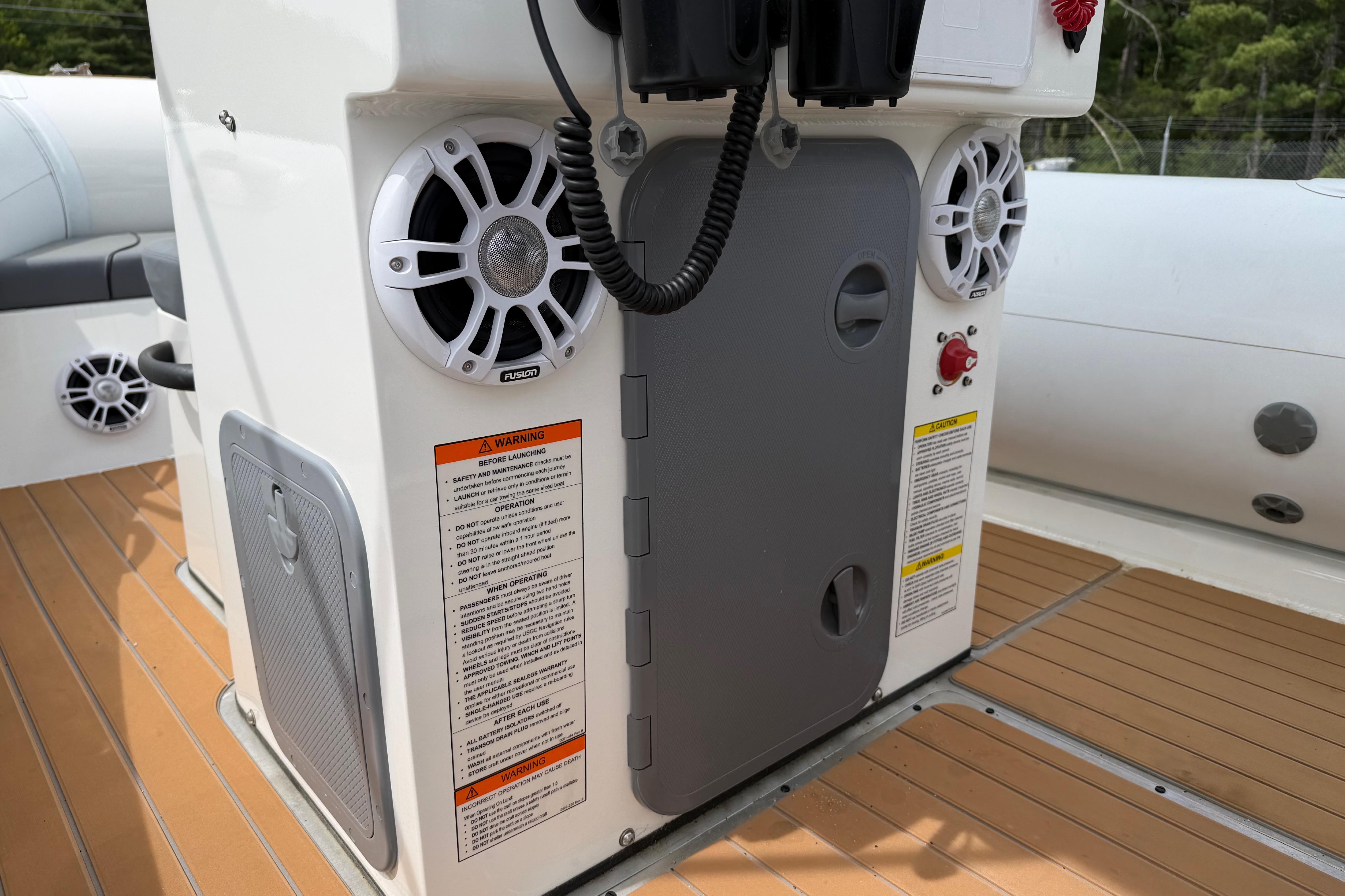 2024 Sealegs 7.1m RIB interior with speakers and control panel.