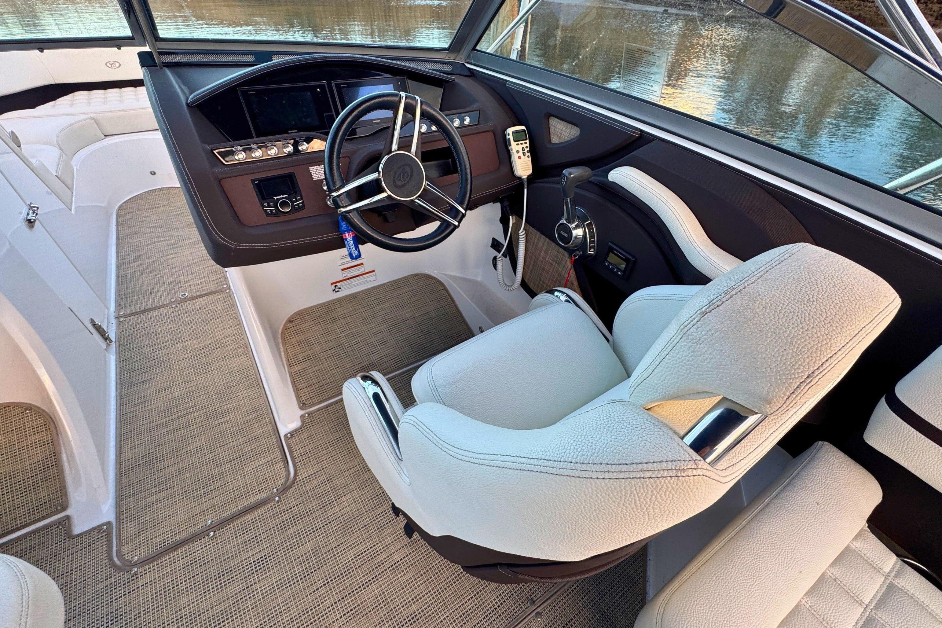 2019 Cobalt R3 boat interior with steering wheel and control panel.