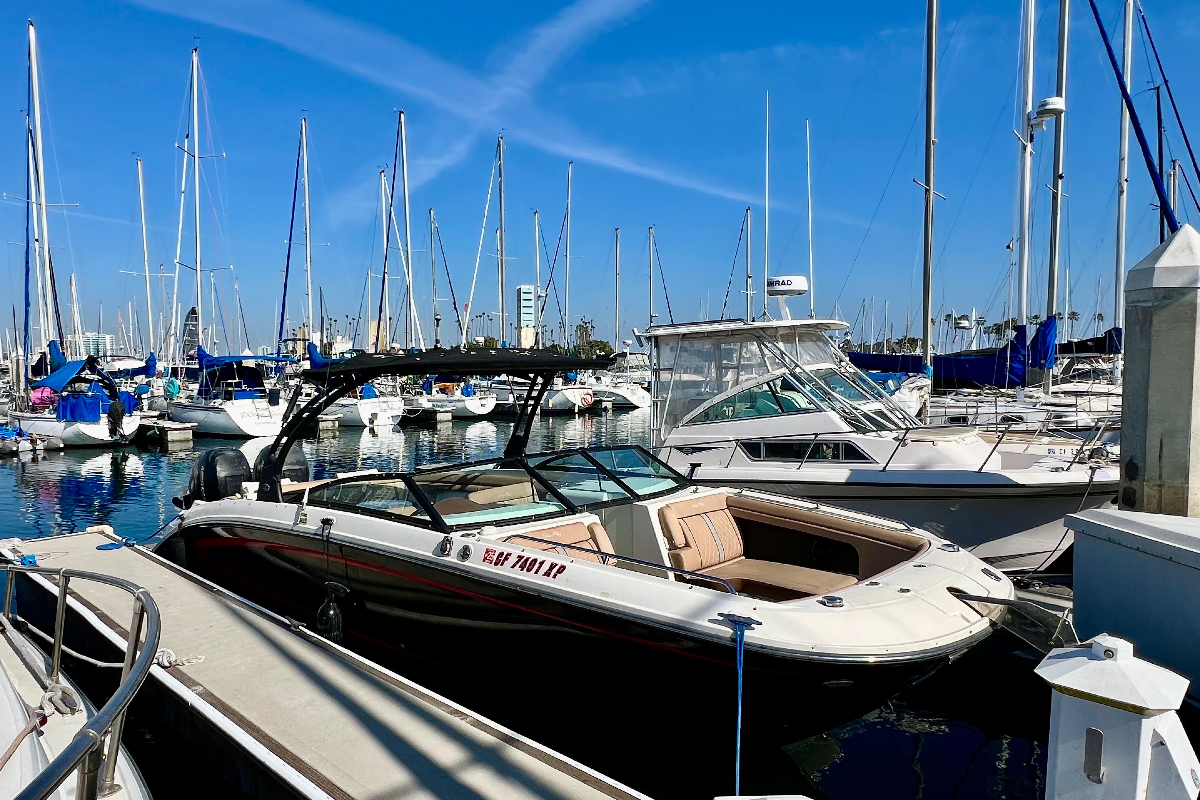 2016 Sea Ray 290 Sundeck Outboard docked in a marina with sailboats.