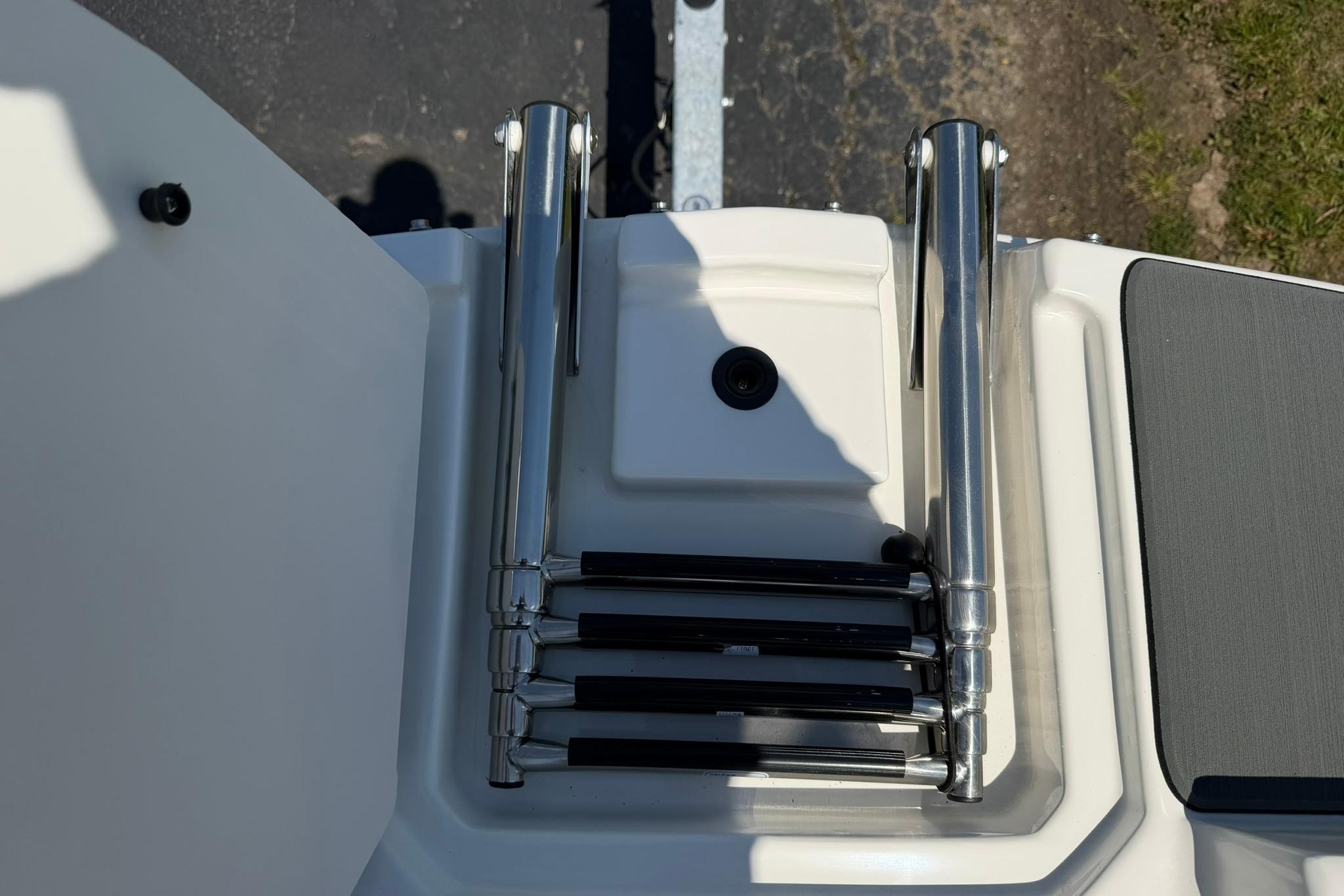 2026 Bayliner D20 boat ladder with stainless steel finish and secure mounting.