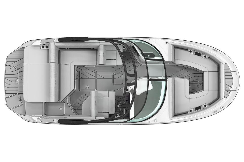 Manufacturer Provided Image: Top view of 2026 Sea Ray SDX 230 Surf boat layout, showcasing seating and deck design.