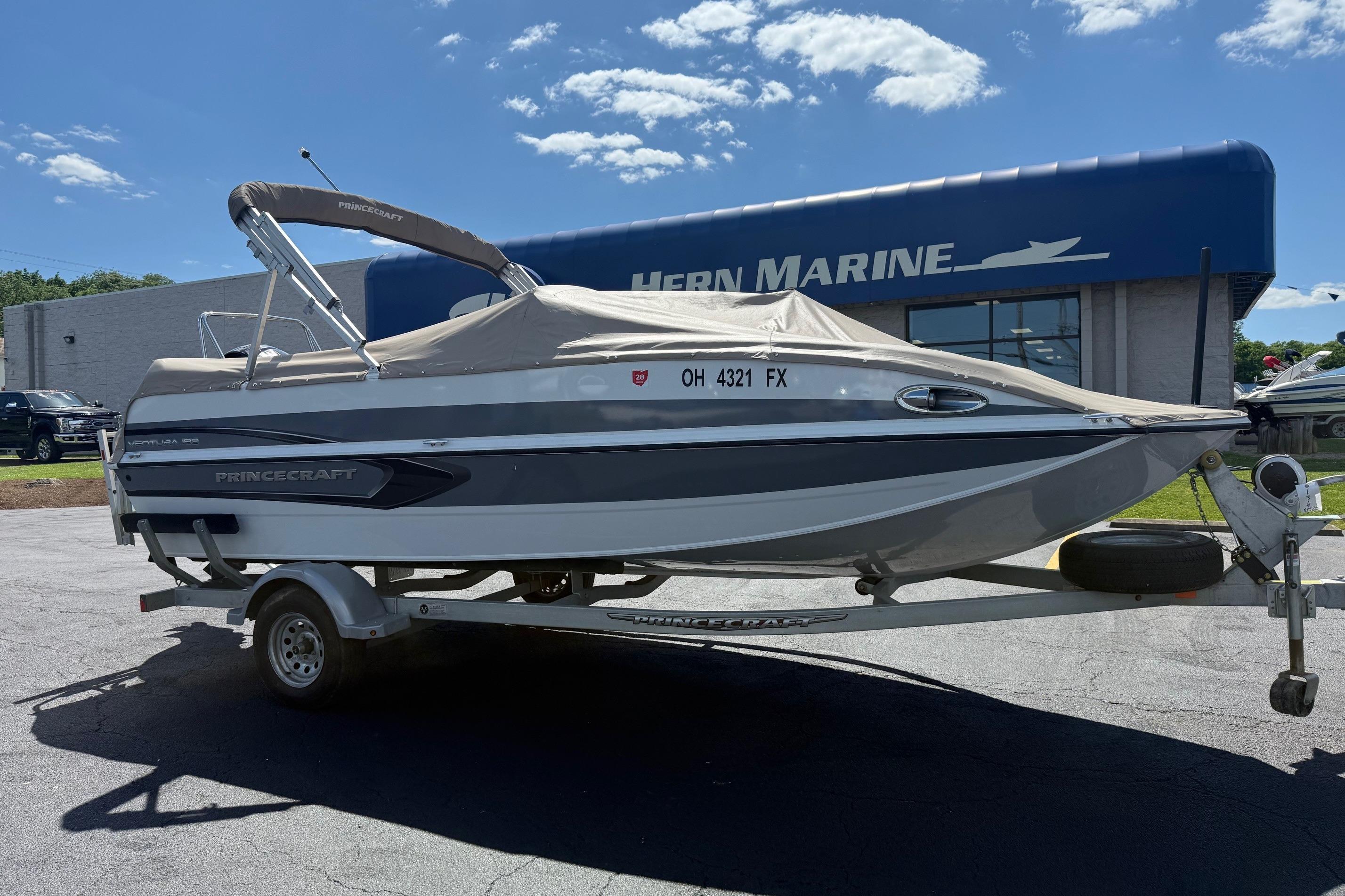 2019 Princecraft Ventura 190 boat on trailer outside Hern Marine dealership.