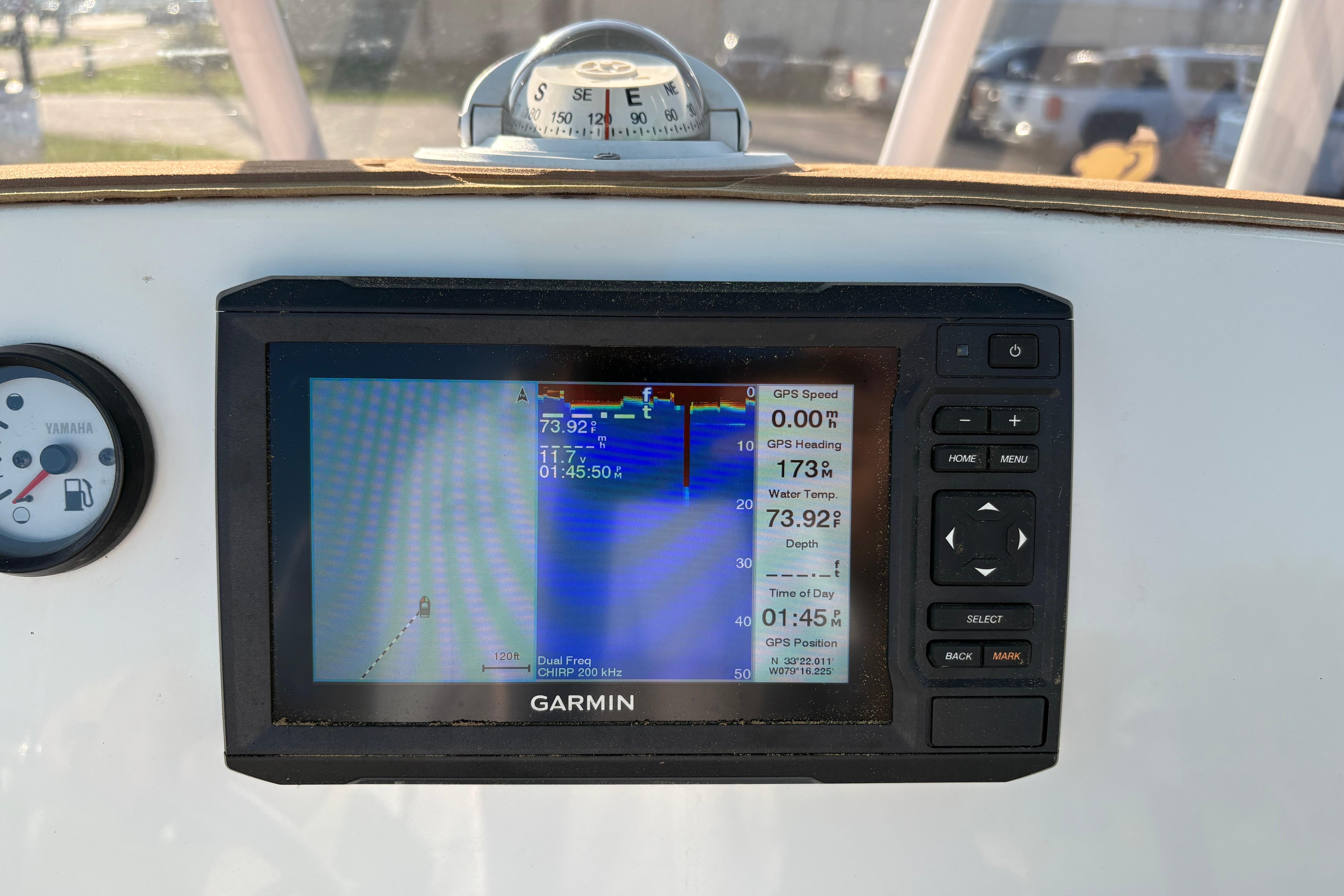 Garmin navigation display on 2019 NauticStar 231 Hybrid boat dashboard.
