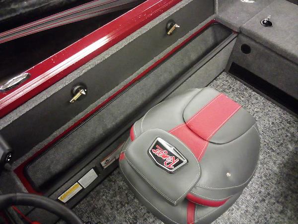 2025 Ranger VS1665 SC boat interior with red and gray seating and storage compartments.