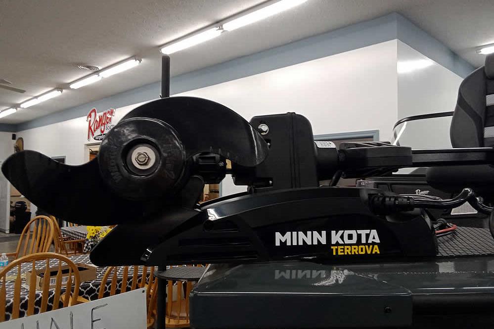 Minn Kota Terrova motor on 2026 Ranger VX1888 WT boat in showroom.