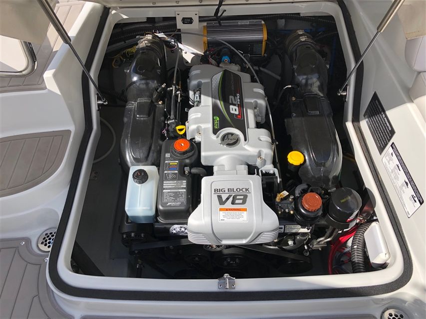Engine compartment of a 2017 Crownline 285SS boat featuring a V8 engine.