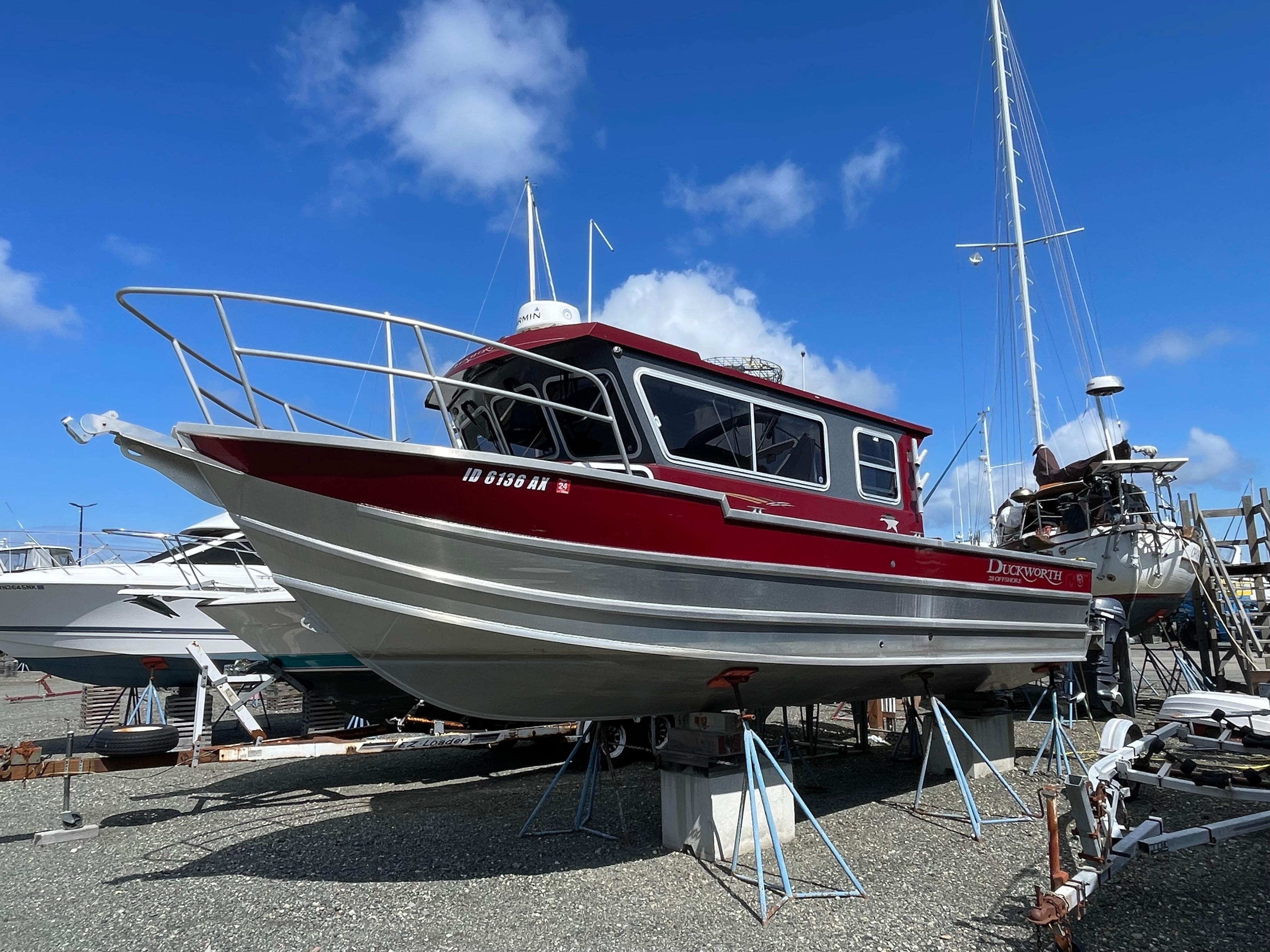 2018 Duckworth 28 Offshore boat on dry dock under a clear blue sky.