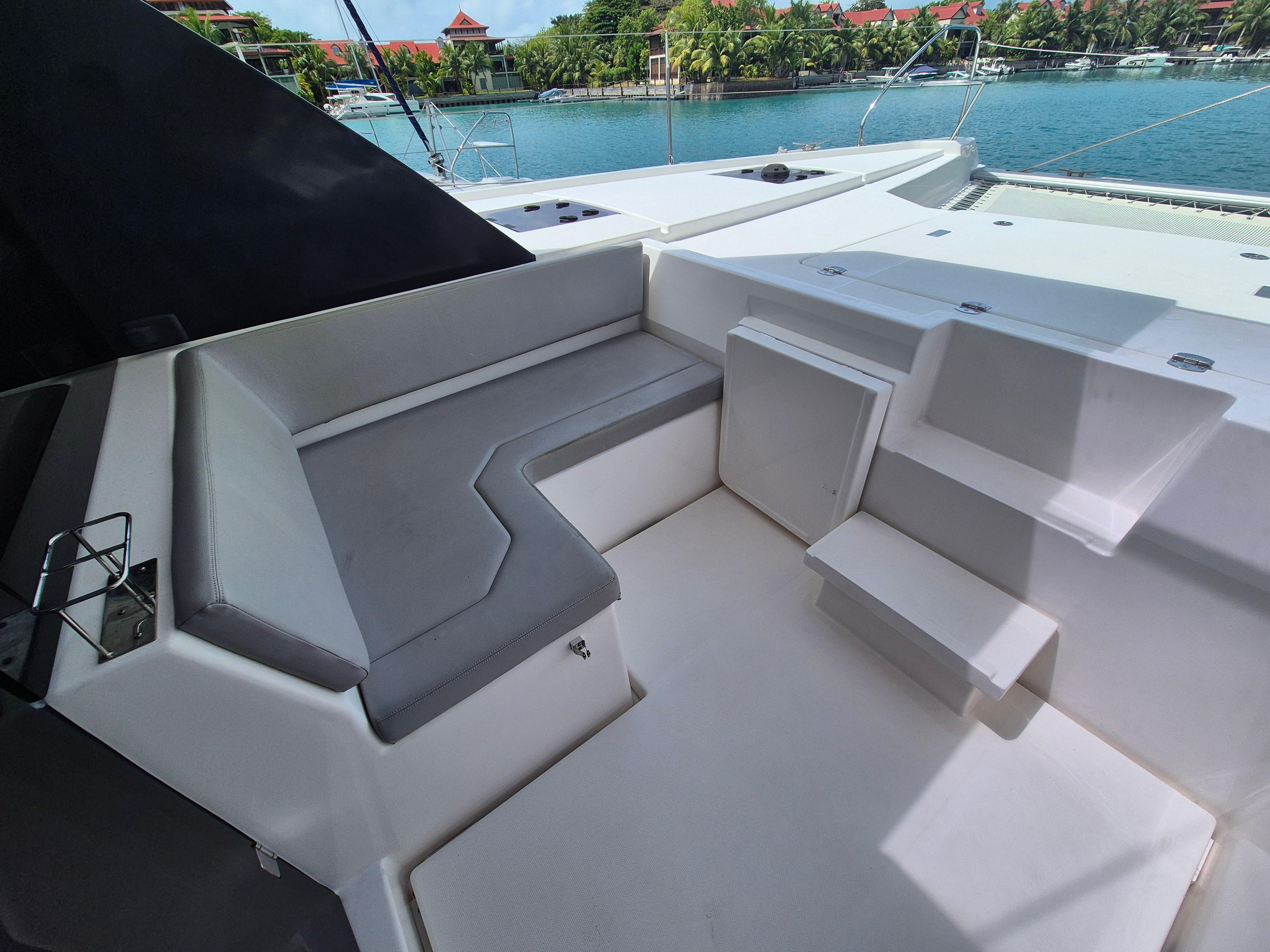 2020 Leopard 50 yacht seating area with waterfront view.