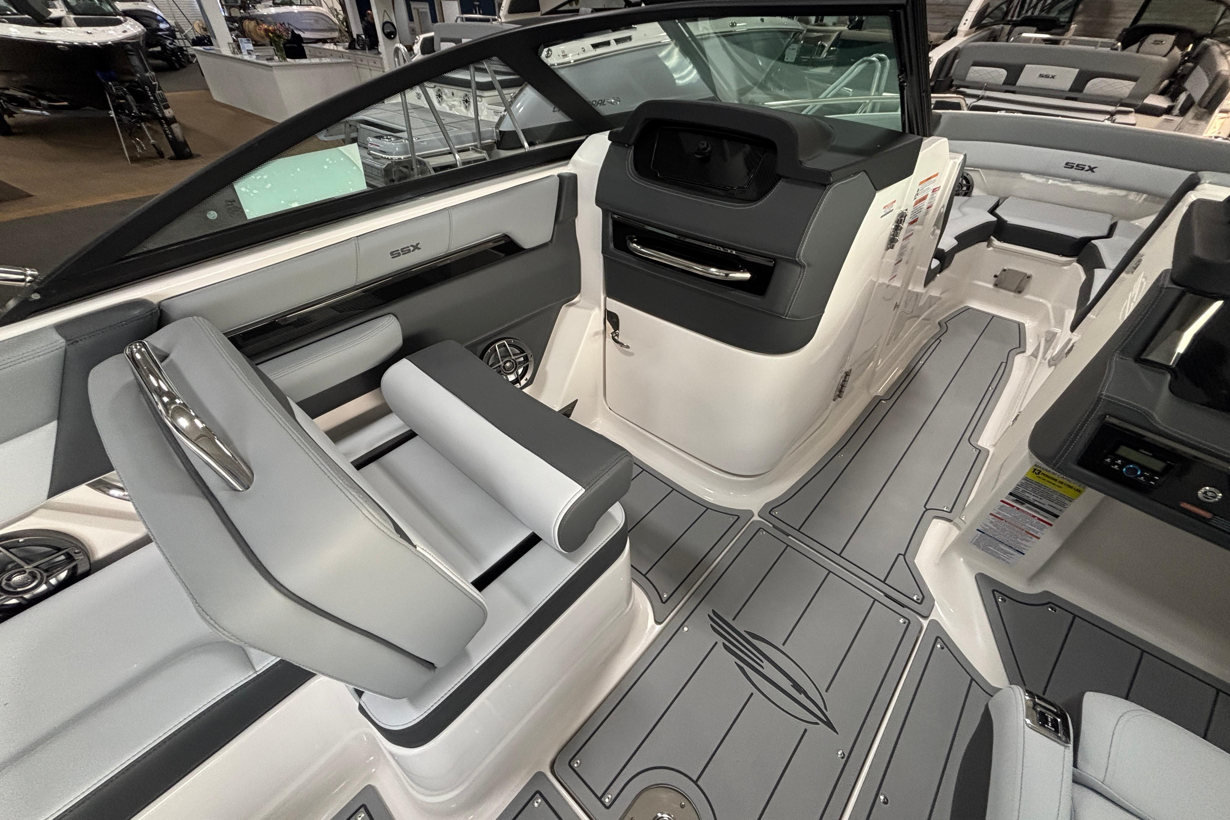 2026 Chaparral SSX 4 boat interior with sleek seating and modern dashboard design.