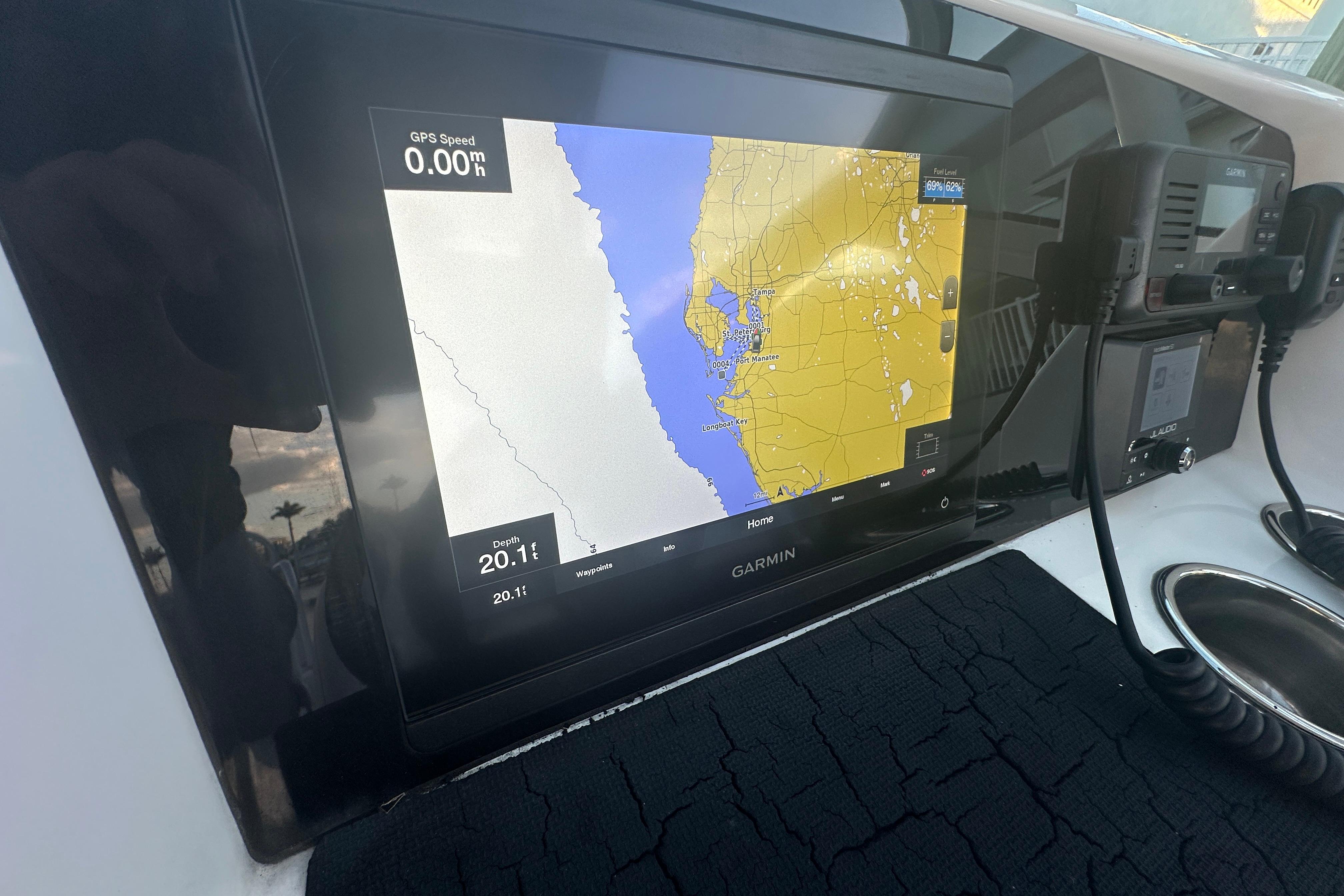 Garmin GPS display on 2021 World Cat 230 SD boat, showing map and depth.