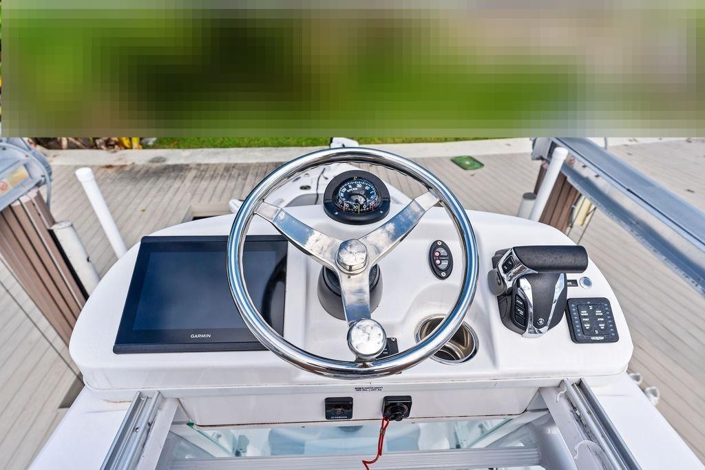 Steering console of Everglades 243 Center Console boat, 2023 model.