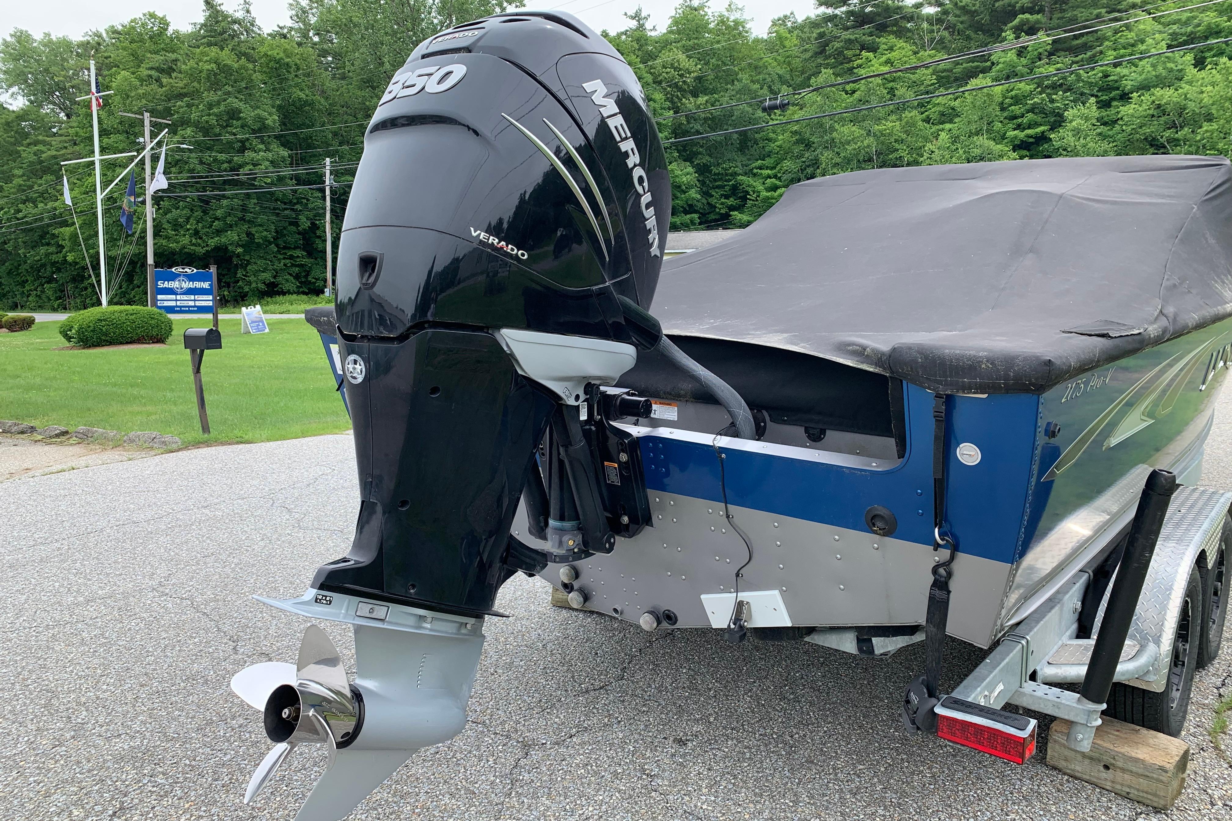 2019 Lund 2175 Pro-V boat with Mercury 350 Verado engine on trailer.