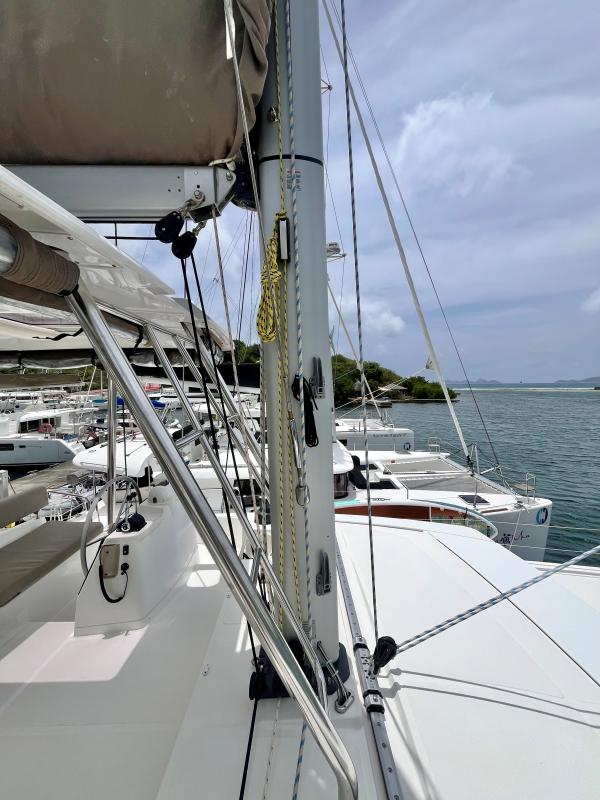 Sailboat deck view, Bali 4.6 model, docked at marina, 2023.