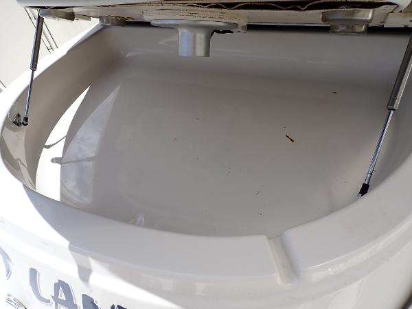 Open storage compartment of 2011 Chaparral 287 SSX boat with hydraulic supports.